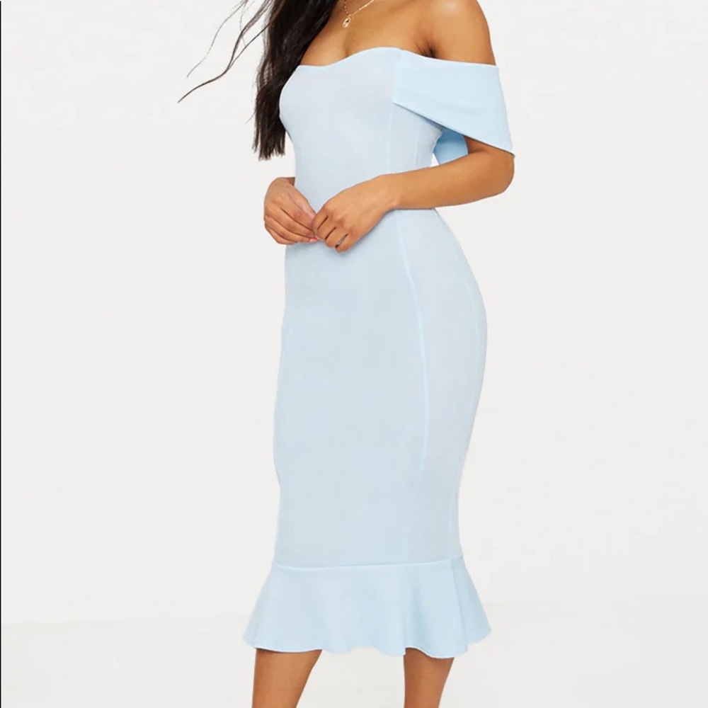 Dusty Blue Bardot Frill Hem Midi Dress